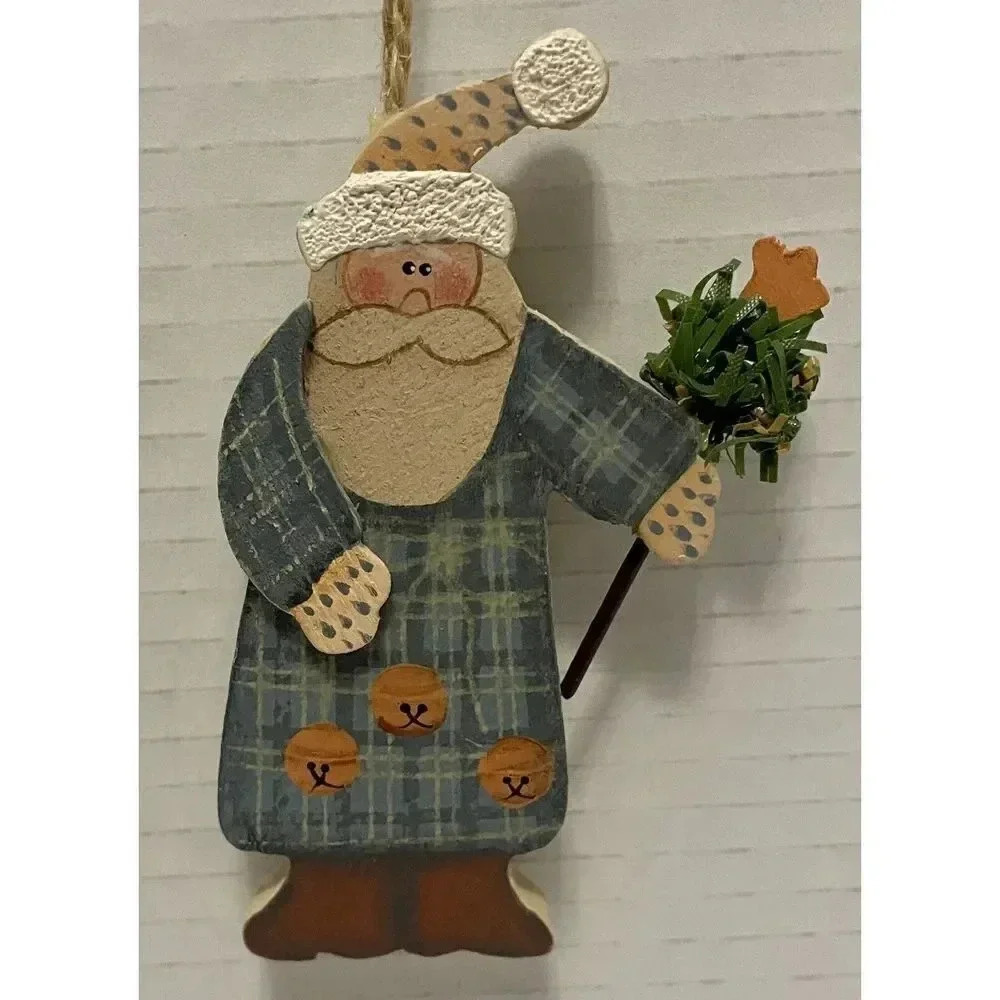 Wood Old World Santa Claus Green Plaid With Christmas‎ Wand 4.25 Inch Unique